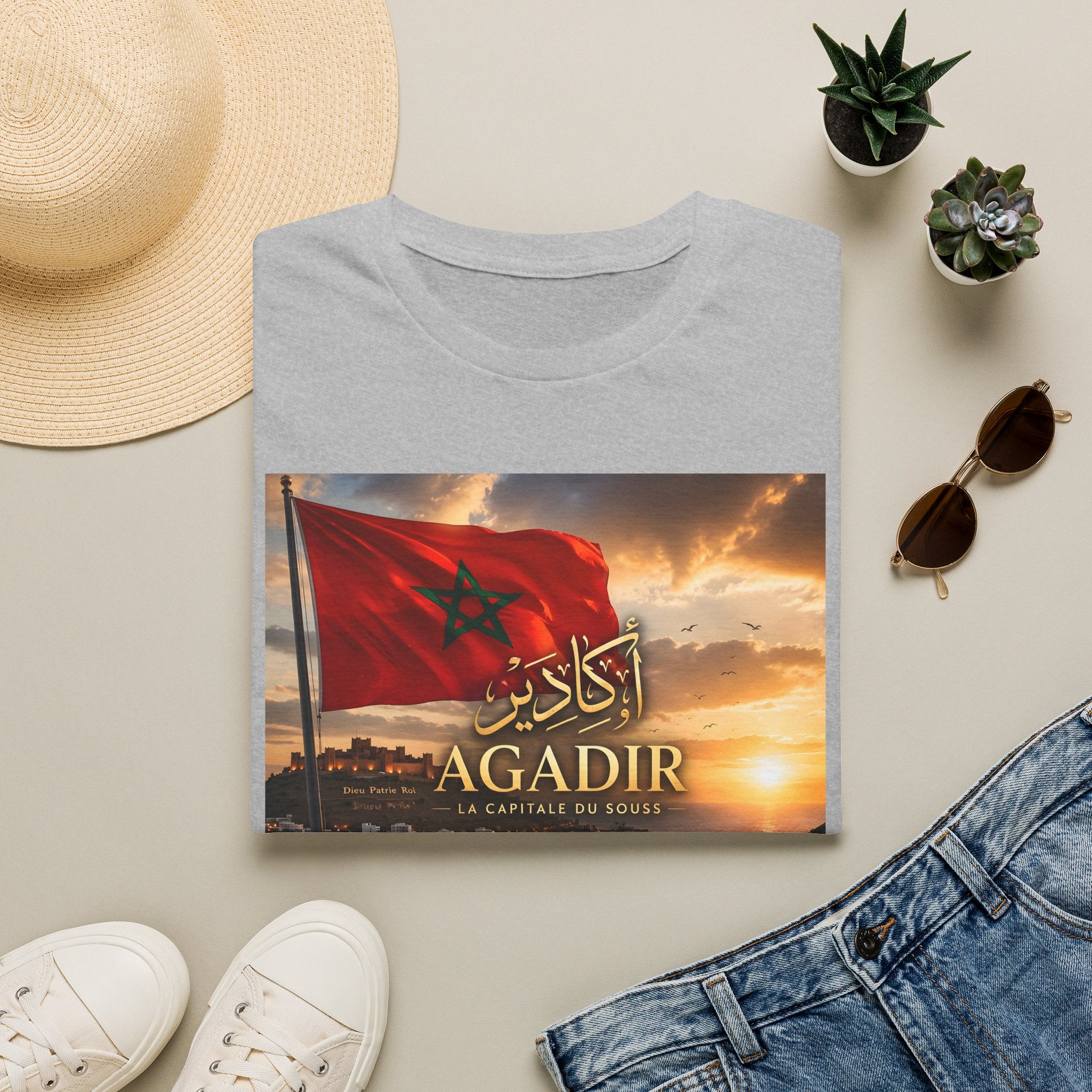 Agadir Morocco Flag T-Shirt — Sunset Cityscape with Arabic Script - LUMÏA