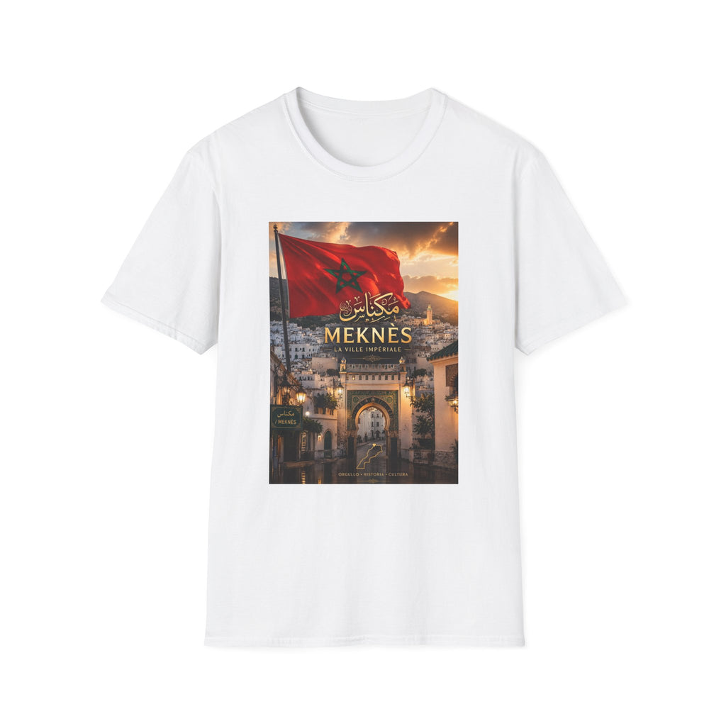 Meknès City T-Shirt — Moroccan Flag Sunset with Arabic Calligraphy