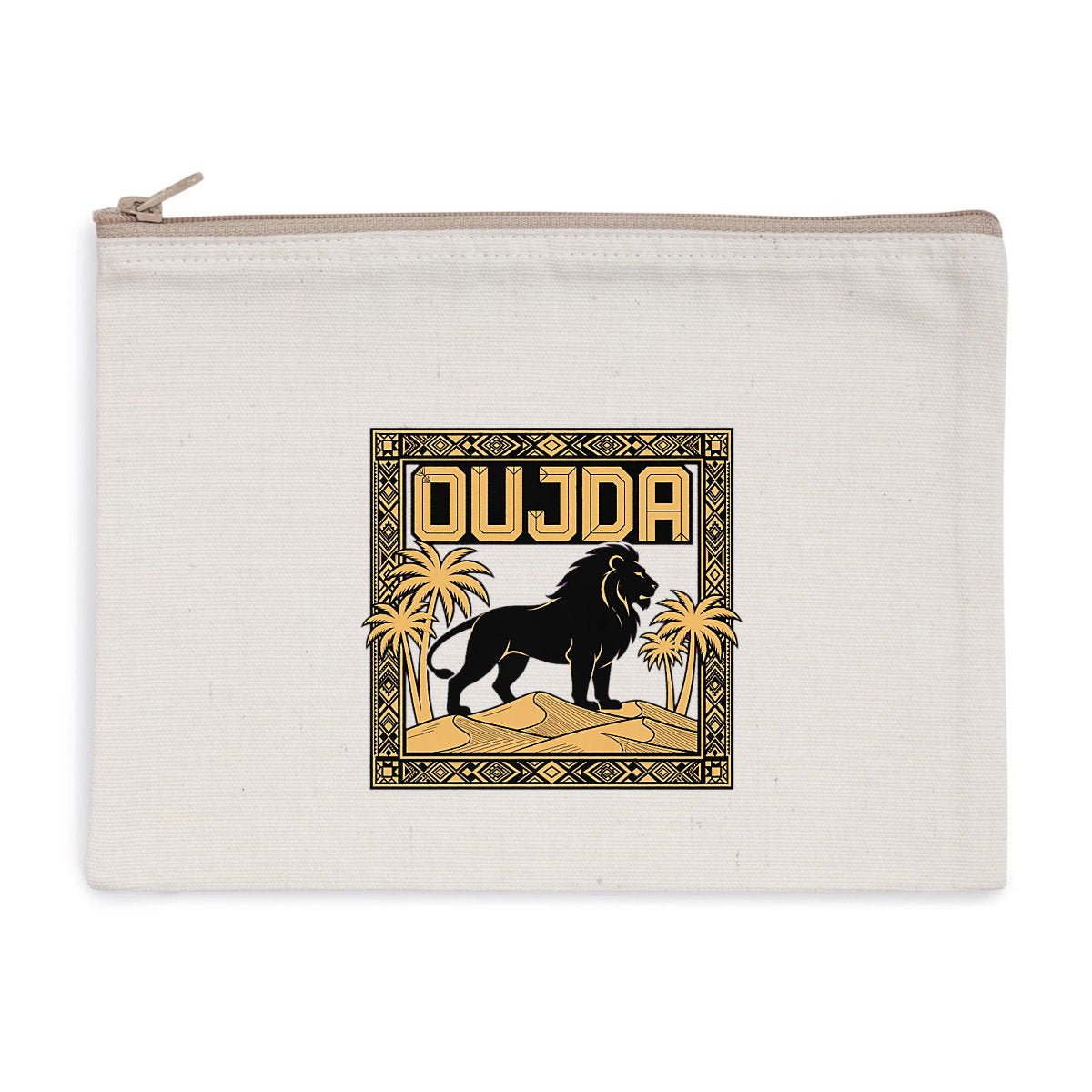 Pochette zippée Oujda – Lion &amp; Palmiers, tissu recyclé ⠋ - LUMÏA