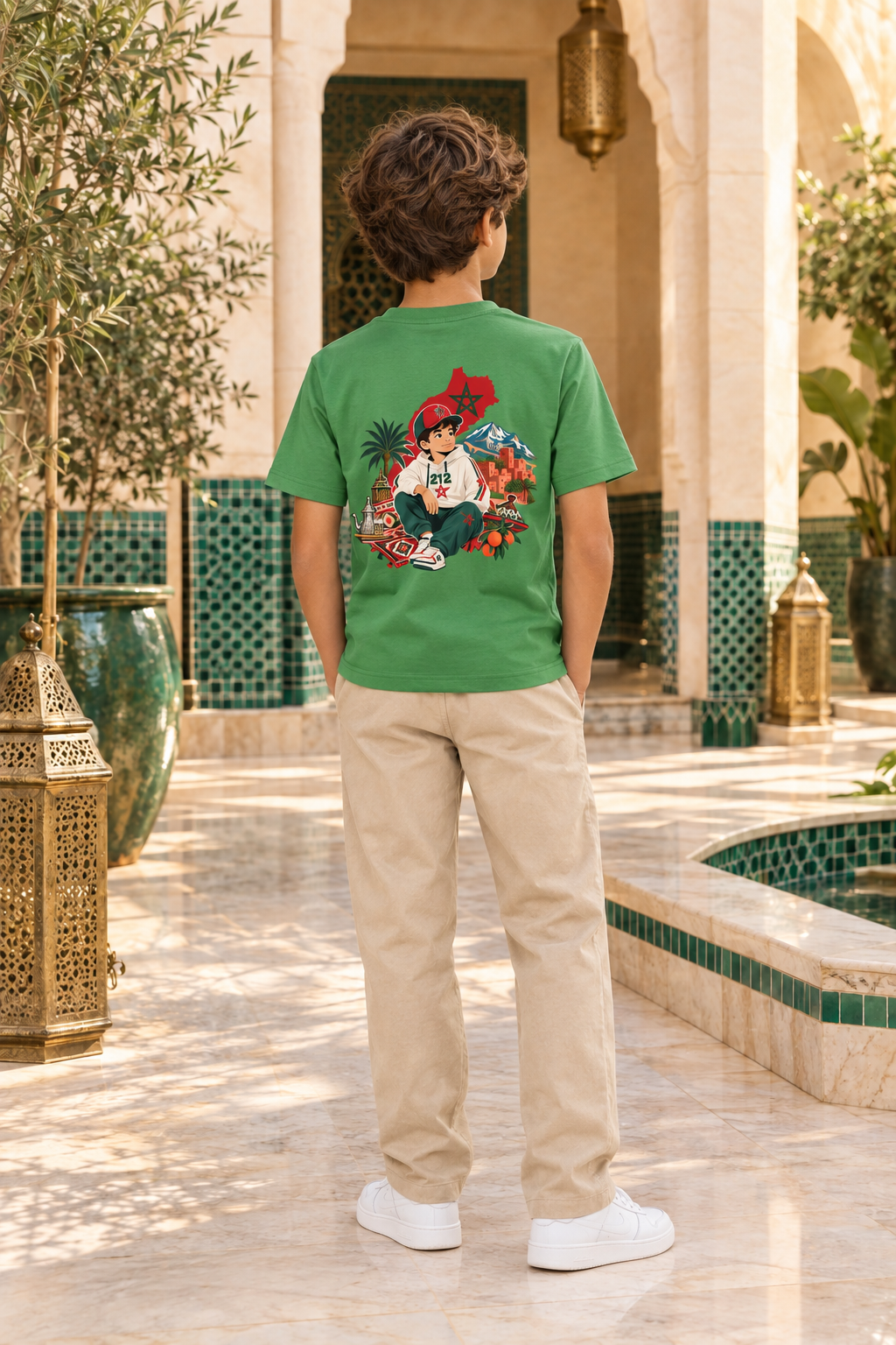 Mannequin enfant de dos portant le t-shirt vert marocain 212 Alhamdulillah