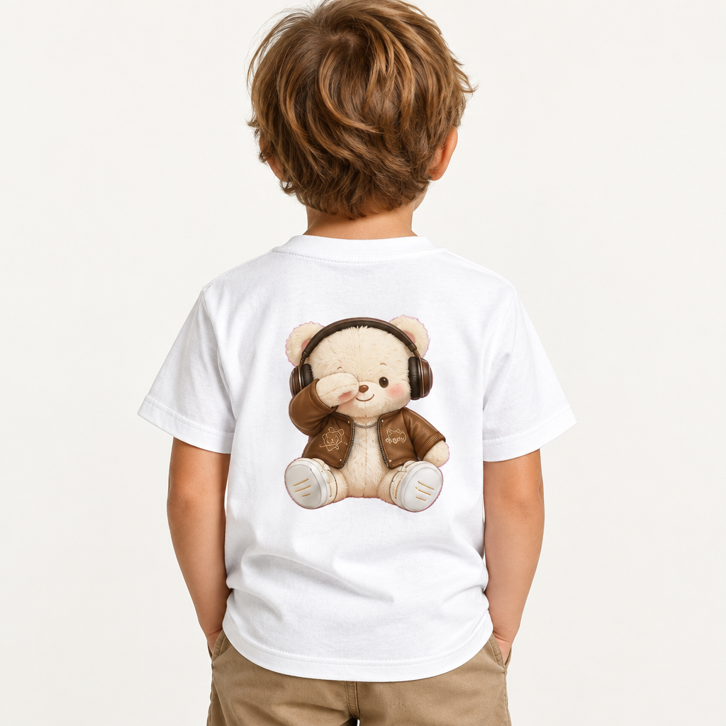 Mannequin enfant vu de dos portant un t-shirt blanc avec un ours au casque audio
