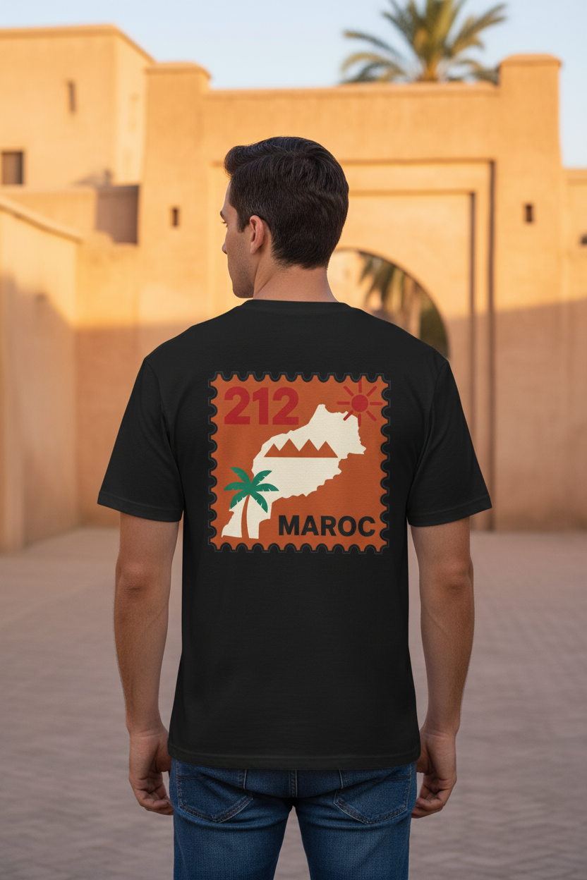 Mannequin de dos, t-shirt noir timbre Maroc 212