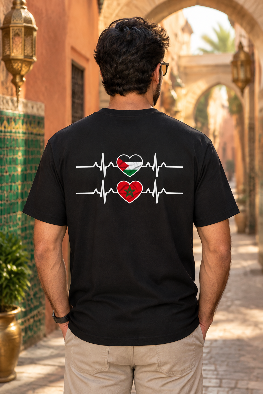 Mannequin homme de dos avec le t-shirt Battement de cœur Maroc Palestine