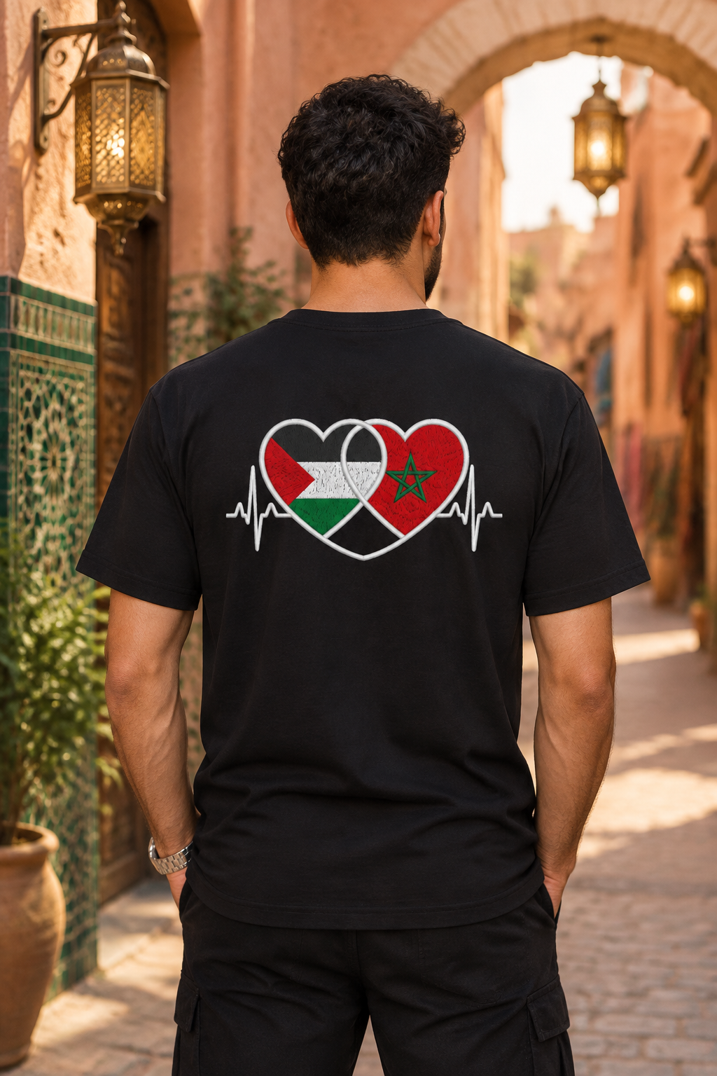Mannequin homme de dos avec le t-shirt, médina marocaine en arrière-plan